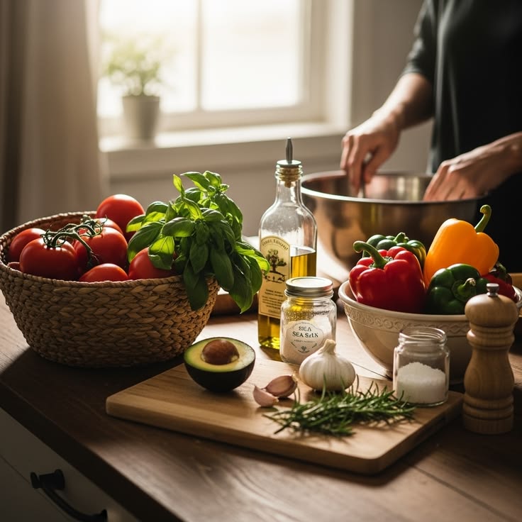 Abstract pastel blocks suggesting meal-structure pacing alongside silhouettes.
